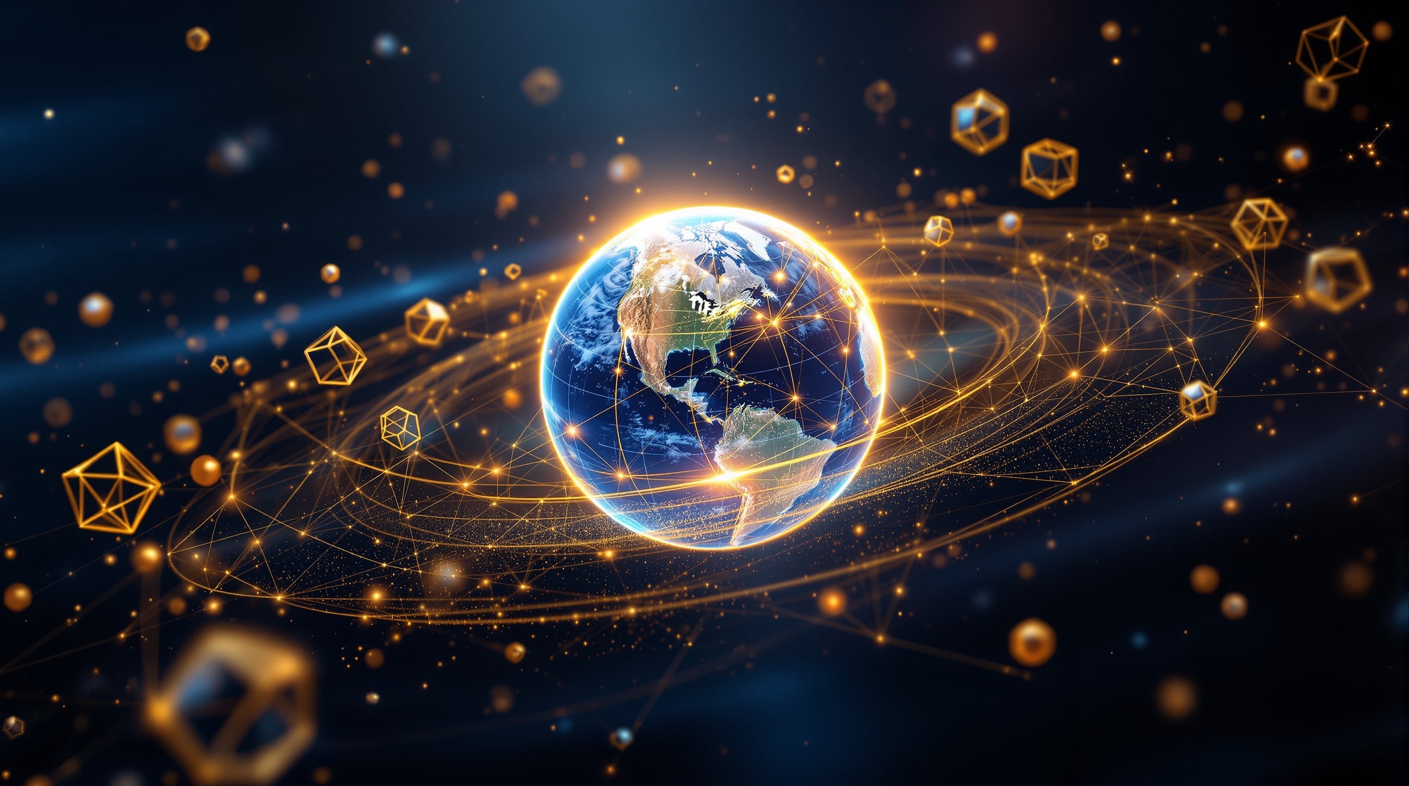 Abstract Omni command center with golden global network across deep navy backdrop
